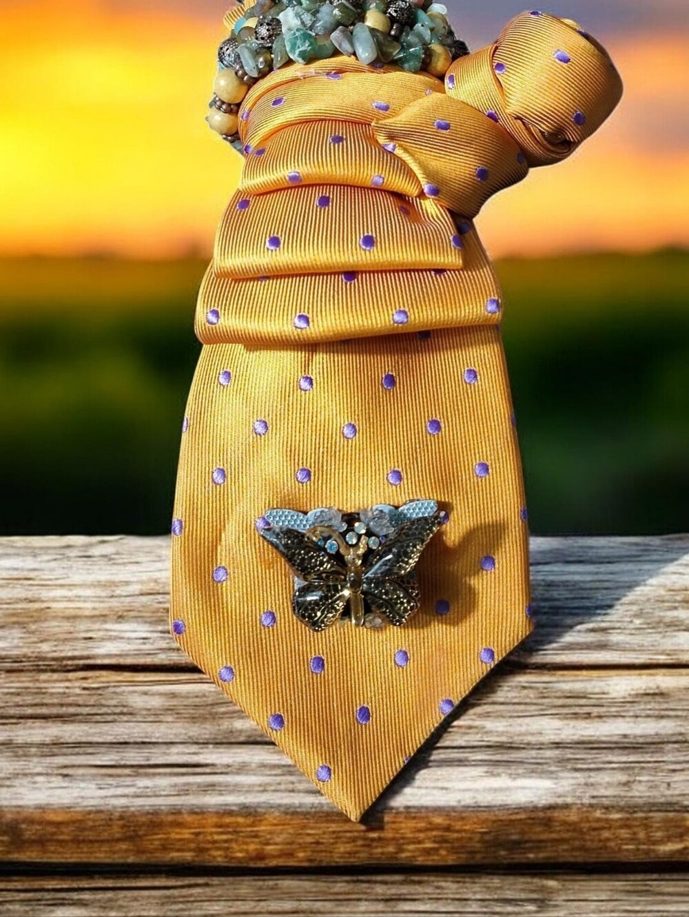 Handcrafted Orange Polka Dot Tie Pendant Necklace with Silver Chain Collar - Picture 5 of 5